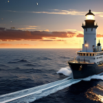 The Unwavering Strategic Compass:**
A sleek, modern ship sailing through a dynamic, slightly turbulent sea, with a prominent, glowing compass on its deck pointing towards a clear, bright horizon. A beam of light from a lighthouse or a guiding star illuminates the path ahead, suggesting clarity and direction. The ship's crew (diverse and collaborative) is working in unison, symbolizing cohesive decision-making guided by shared principles. Emphasize a sense of purpose and foresight.

**