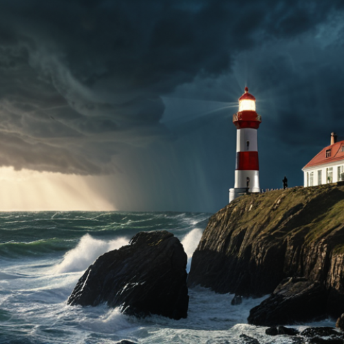Home 15 **
"A brightly lit lighthouse stands tall on a rocky coastline, its beam shining out into a stormy sea. Silhouetted figures of diverse professionals work together, their paths illuminated by the lighthouse. The scene evokes a sense of clarity, guidance, and shared purpose. Style: Realistic, slightly painterly."
**