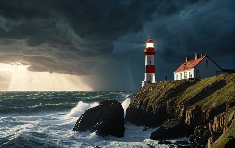**
"A brightly lit lighthouse stands tall on a rocky coastline, its beam shining out into a stormy sea. Silhouetted figures of diverse professionals work together, their paths illuminated by the lighthouse. The scene evokes a sense of clarity, guidance, and shared purpose. Style: Realistic, slightly painterly."
**