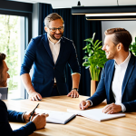 A diverse group of professionals, male and female, of various ethnicities, in a modern, sunlit, collaborative office space. They are fully clothed in modest, professional business attire, engaged in a productive discussion around a large table. The atmosphere is vibrant and positive, with elements suggesting sustainability like natural wood and abundant green plants. The image conveys shared purpose, teamwork, and ethical innovation. perfect anatomy, correct proportions, natural pose, well-formed hands, proper finger count. safe for work, appropriate content, fully clothed, professional, family-friendly, high-quality professional photography, detailed, sharp focus.