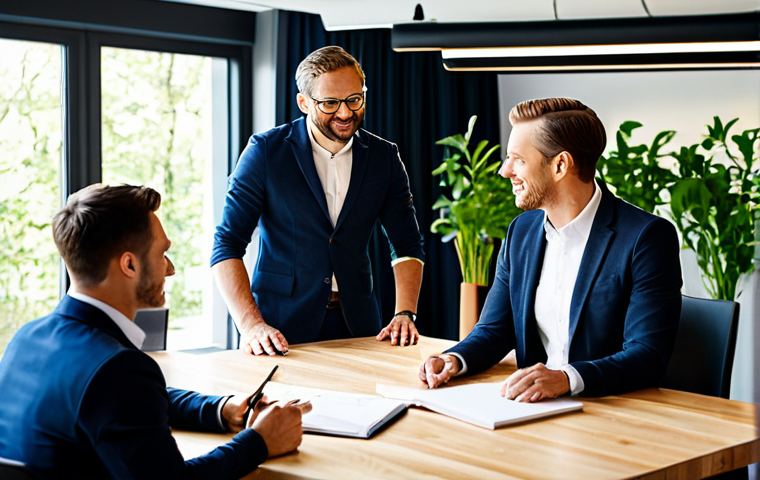 A diverse group of professionals, male and female, of various ethnicities, in a modern, sunlit, collaborative office space. They are fully clothed in modest, professional business attire, engaged in a productive discussion around a large table. The atmosphere is vibrant and positive, with elements suggesting sustainability like natural wood and abundant green plants. The image conveys shared purpose, teamwork, and ethical innovation. perfect anatomy, correct proportions, natural pose, well-formed hands, proper finger count. safe for work, appropriate content, fully clothed, professional, family-friendly, high-quality professional photography, detailed, sharp focus.