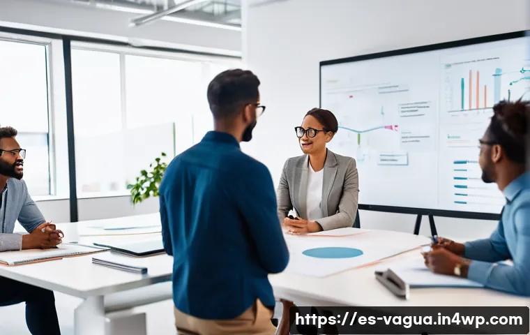 핵심 가치 명확화 후 직원 충성도 분석 - **Prompt:** A diverse group of professionals in a modern, brightly lit office space. In the foregrou...