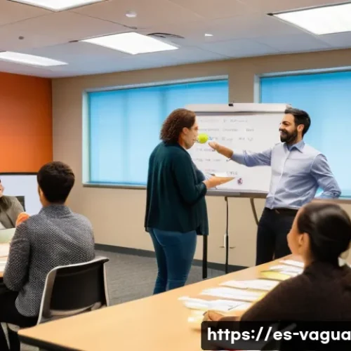 핵심 가치 워크숍 진행 방법 - A warm, inviting workshop room filled with diverse Spanish-speaking adults from various departments ...