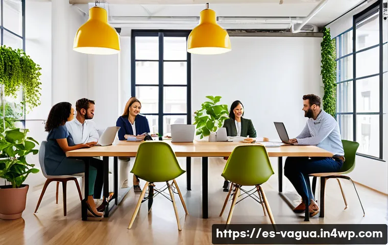 핵심 가치 명확화와 고객 피드백 반영 - A modern office setting in a vibrant Spanish city, showing a diverse team of professionals engaged i...